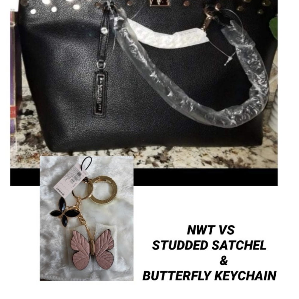 New! Victoria's Secret Studded Slouchy Satchel Bag, & butterfly keychain ..NWT.